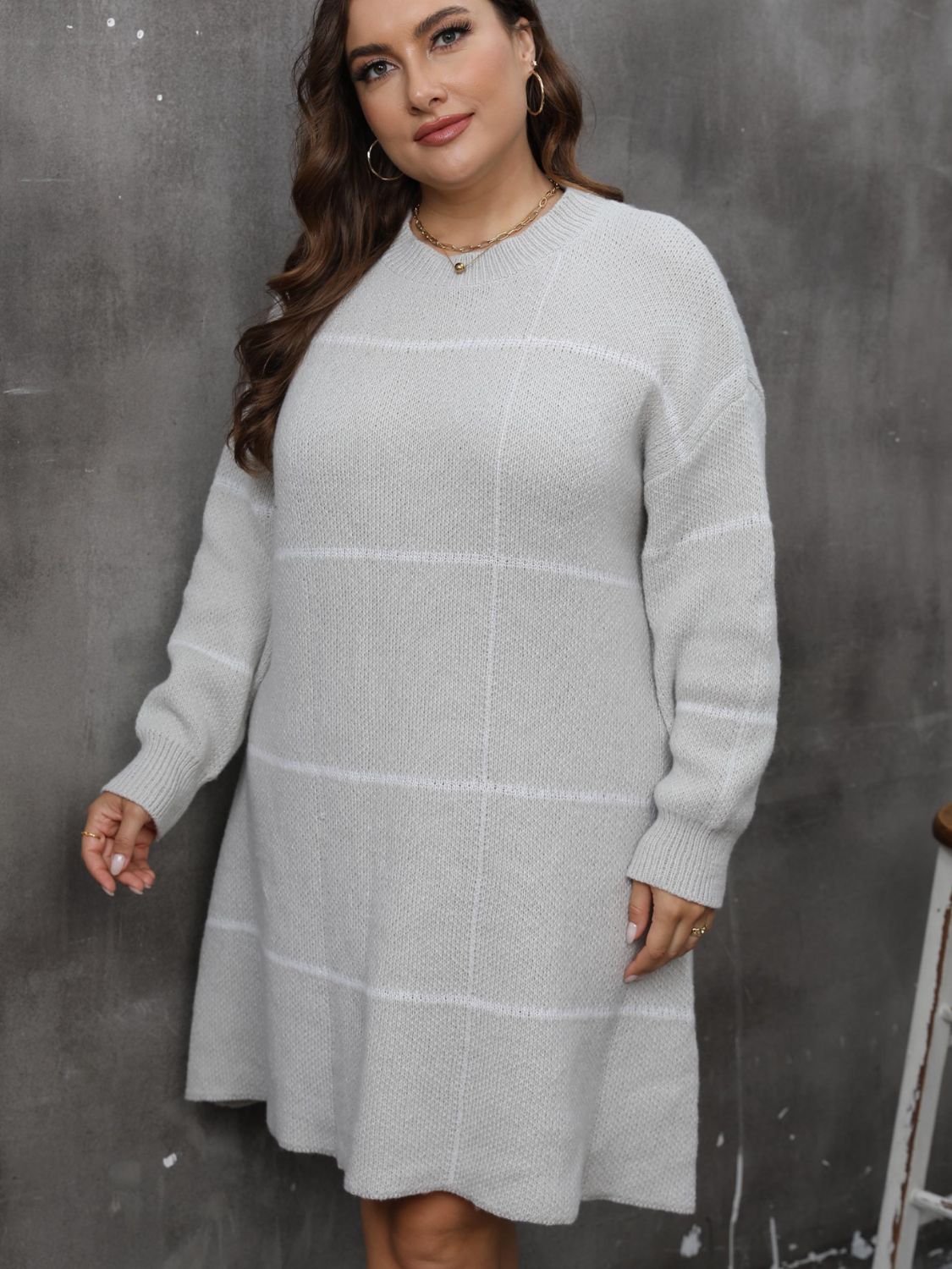 Plus Size Round Neck Long Sleeve Sweater Dress - Little Miss Vanilla