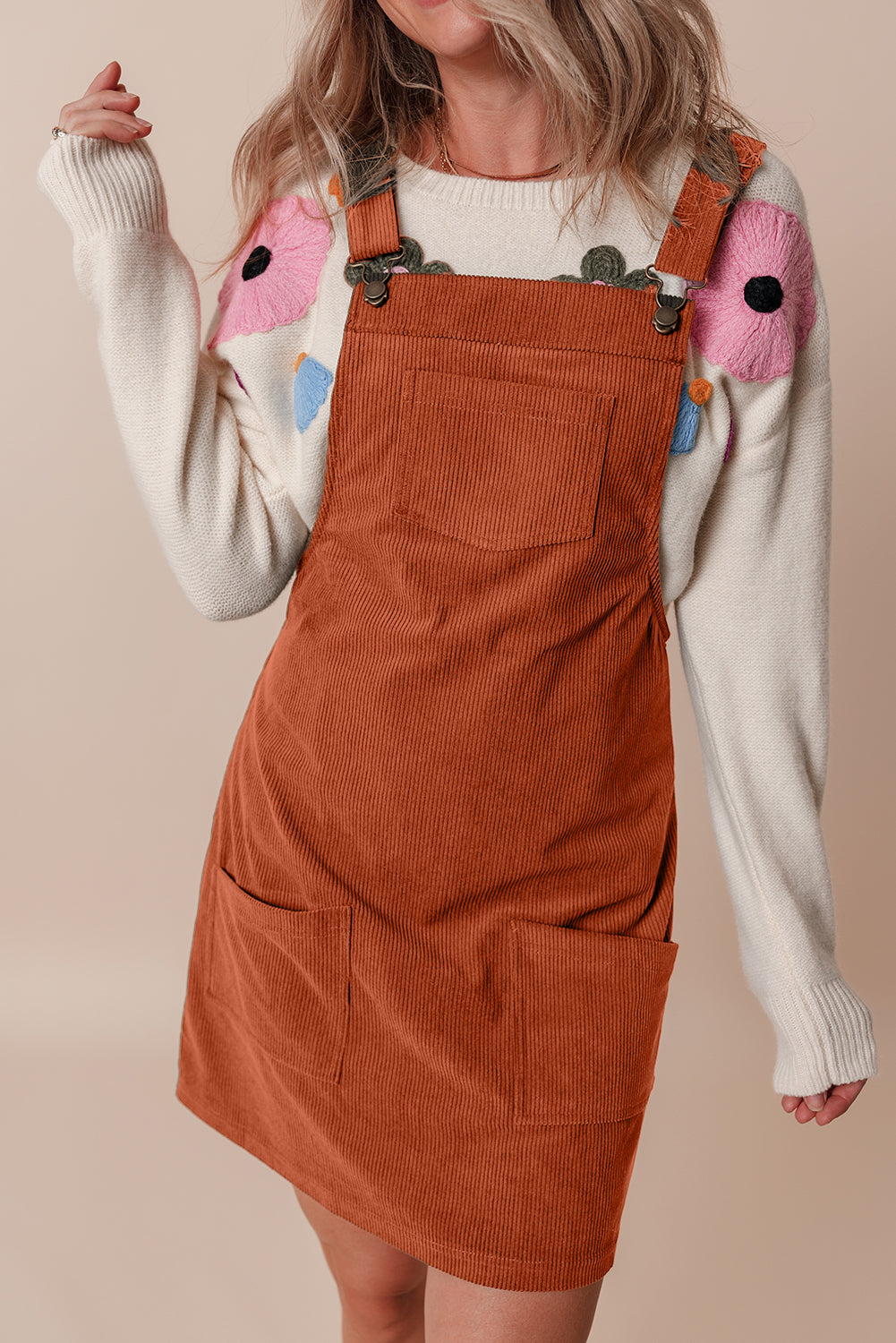 Cinnamon Solid Front Pockets Sleeveless Corduroy Overall Dress - Little Miss Vanilla