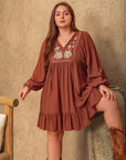 Plus Size Embroidered Tie Neck Balloon Sleeve Mini Dress - Little Miss Vanilla