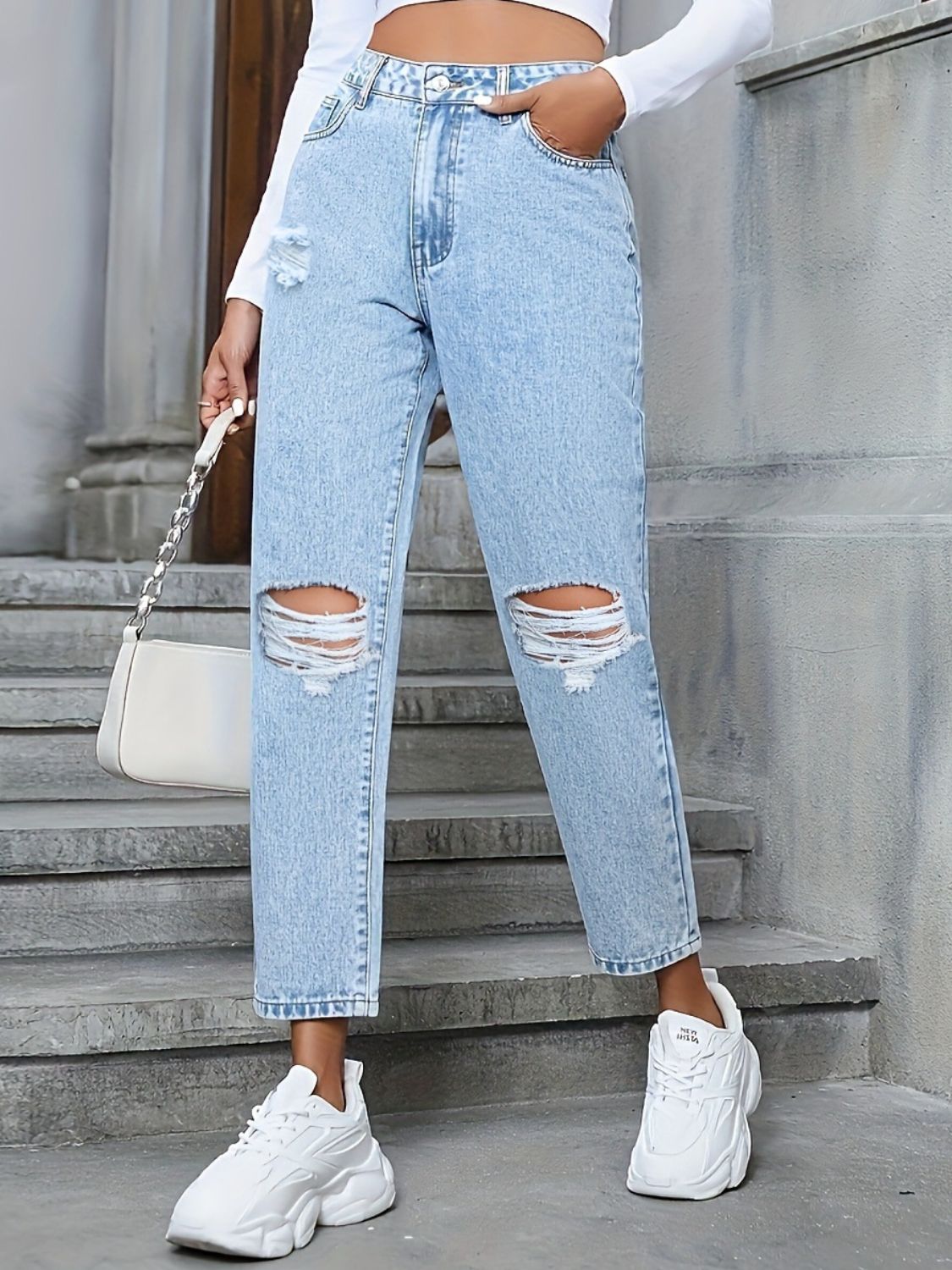 Distressed High Rise Jeans with Pockets - Little Miss Vanilla