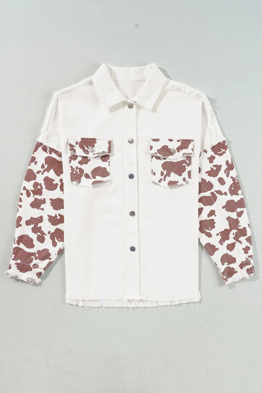 Raw Hem Animal Print Long Sleeve Denim Jacket - Little Miss Vanilla