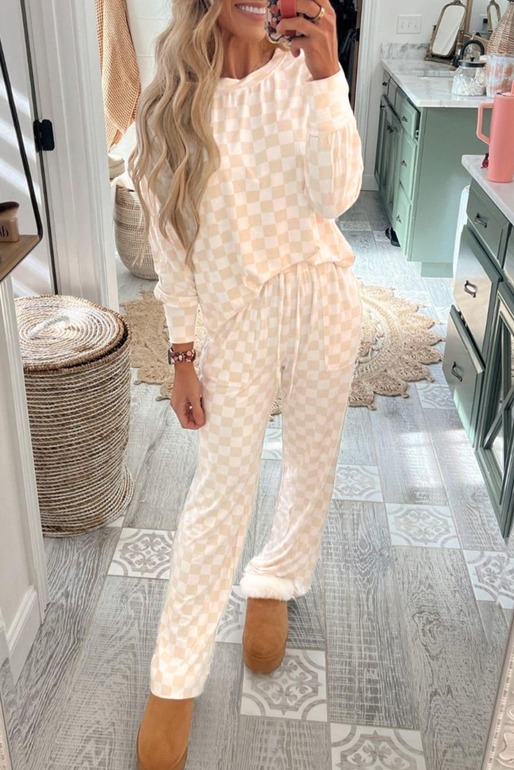 Beige Checkered Print Long Sleeve Top and Pants Lounge Set - Little Miss Vanilla