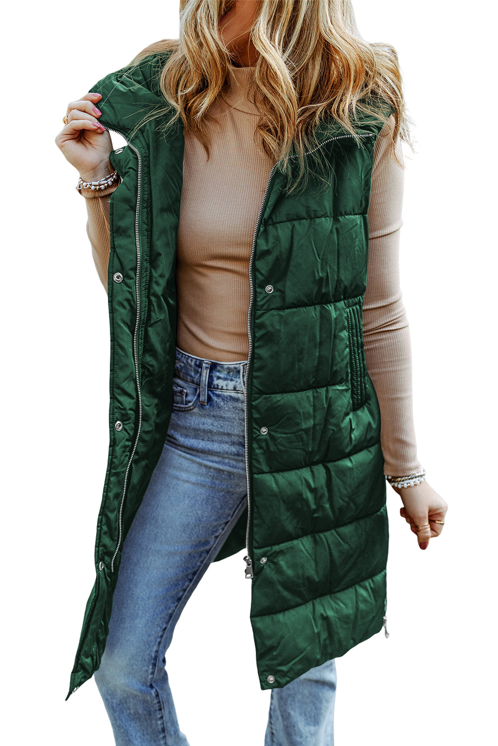 Green Hooded Long Quilted Vest Coat - Little Miss Vanilla