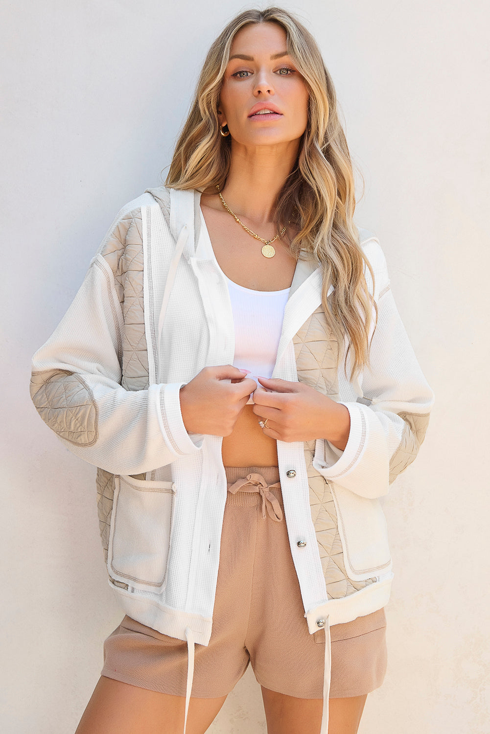 Beige Quilted Textured Patchwork Loose Fit Hooded Jacket - Little Miss Vanilla