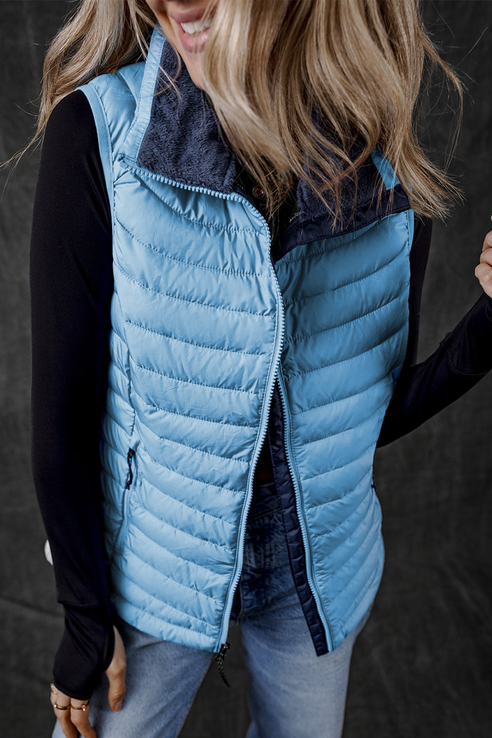 Sky Blue Plush Collared Quilted Zipped Puffer Vest - Little Miss Vanilla