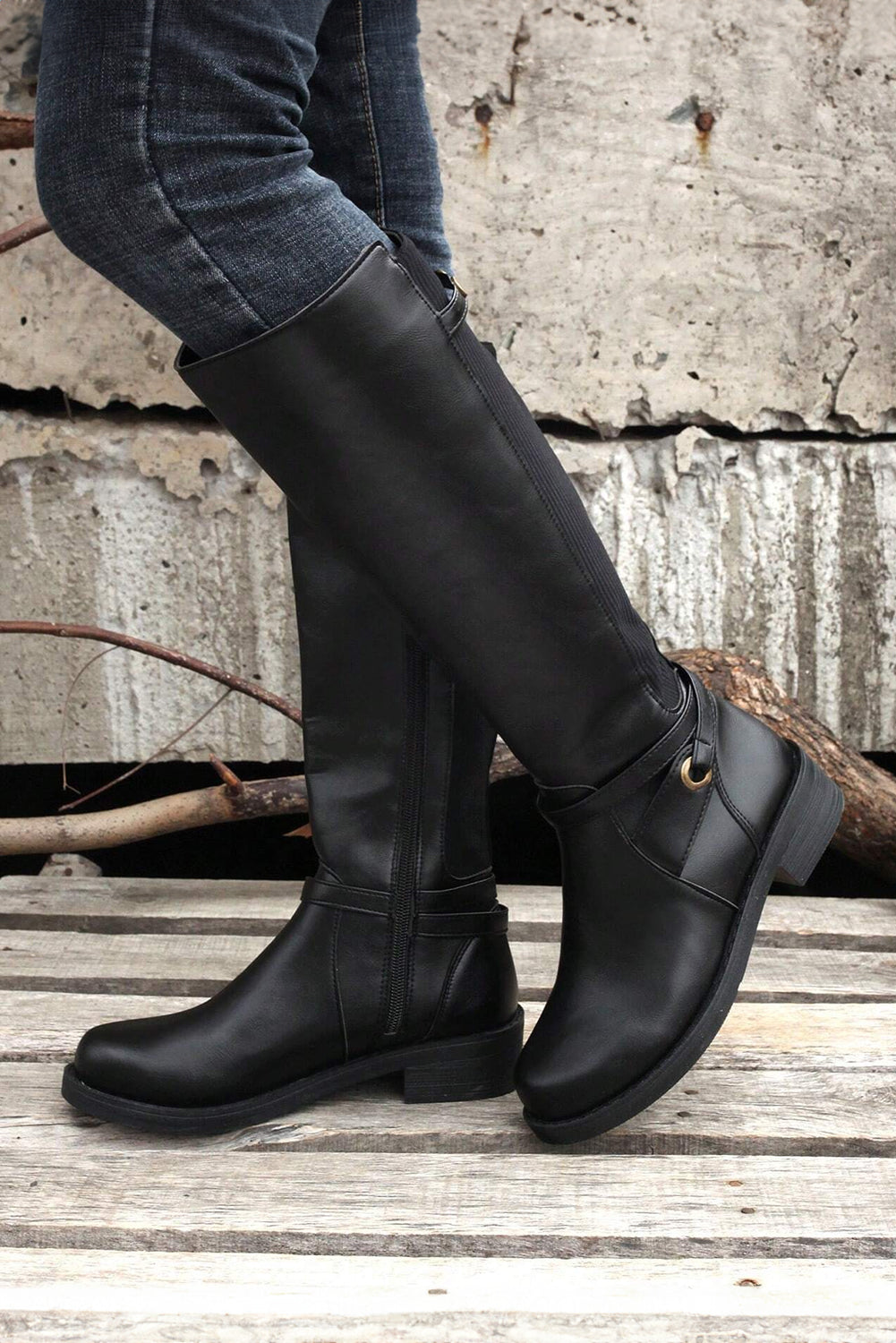 Black Side Zipper Knee High Chunky Low Heel Boots - Little Miss Vanilla