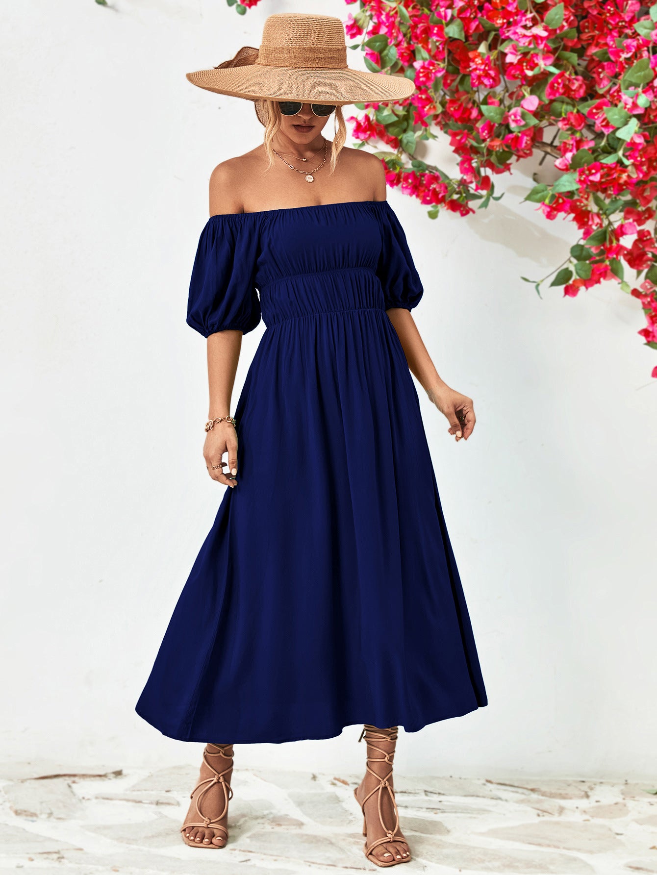 Off-Shoulder Balloon Sleeve Midi Dress - Little Miss Vanilla