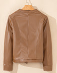 Chestnut Solid Faux Leather Zipper Slim Fit Bomber Jacket