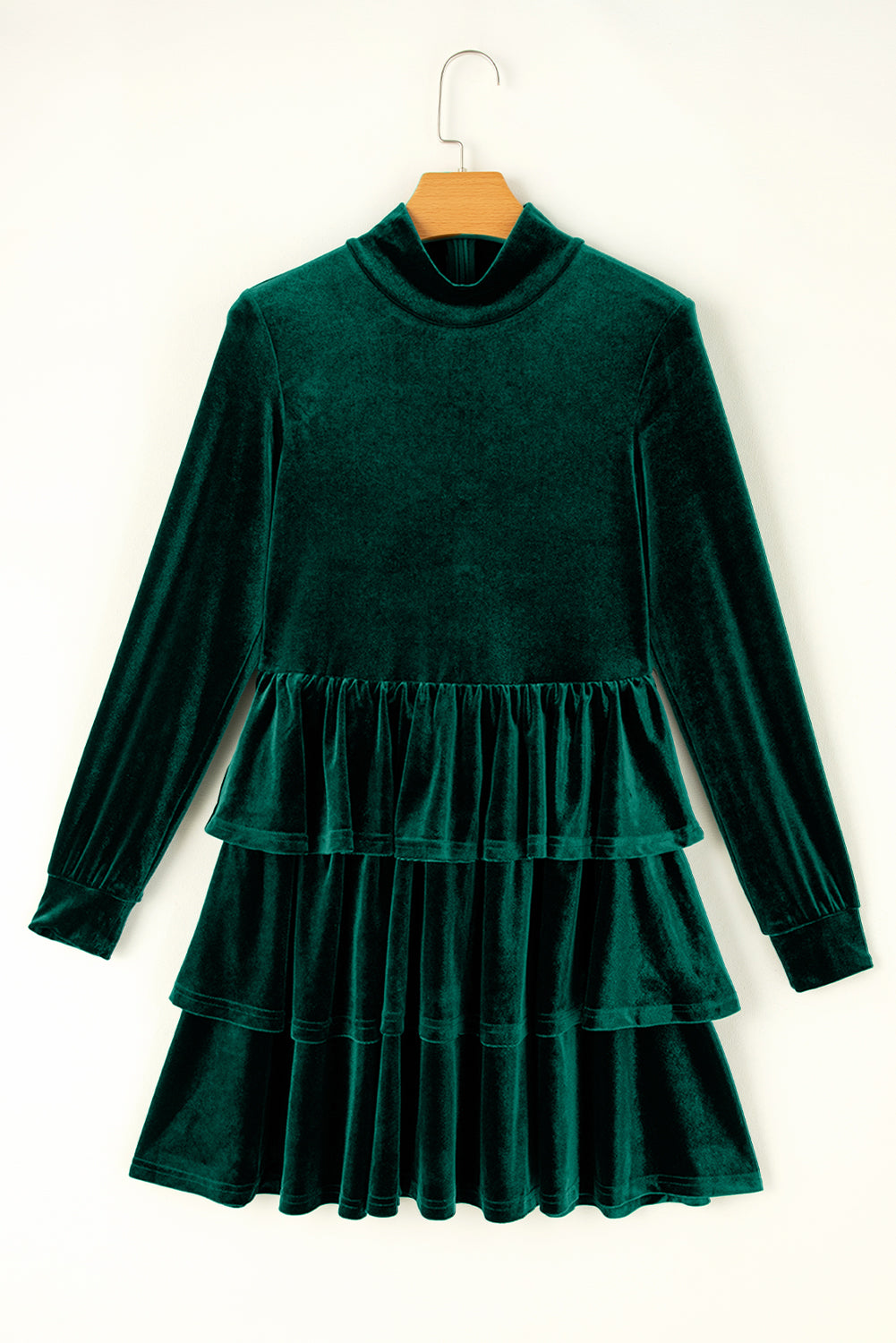 Evergreen Velvet High Neck Tiered Ruffle Mini Dress - Little Miss Vanilla