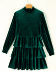 Evergreen Velvet High Neck Tiered Ruffle Mini Dress - Little Miss Vanilla