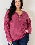 Basic Bae Full Size Ribbed Half Button Long Sleeve High-Low T-Shirt - Little Miss Vanilla