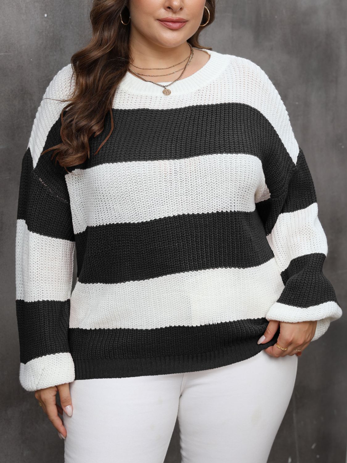 Plus Size Striped Round Neck Long Sleeve Sweater - Little Miss Vanilla