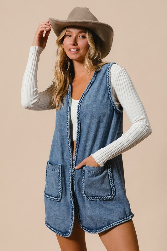 BiBi Braided Trim Open Front Denim Vest with Pockets - Little Miss Vanilla