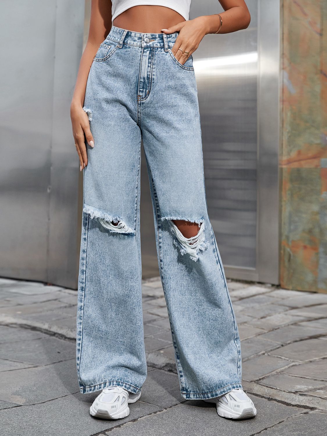 Distressed Wide Leg Jeans with Pockets - Little Miss Vanilla