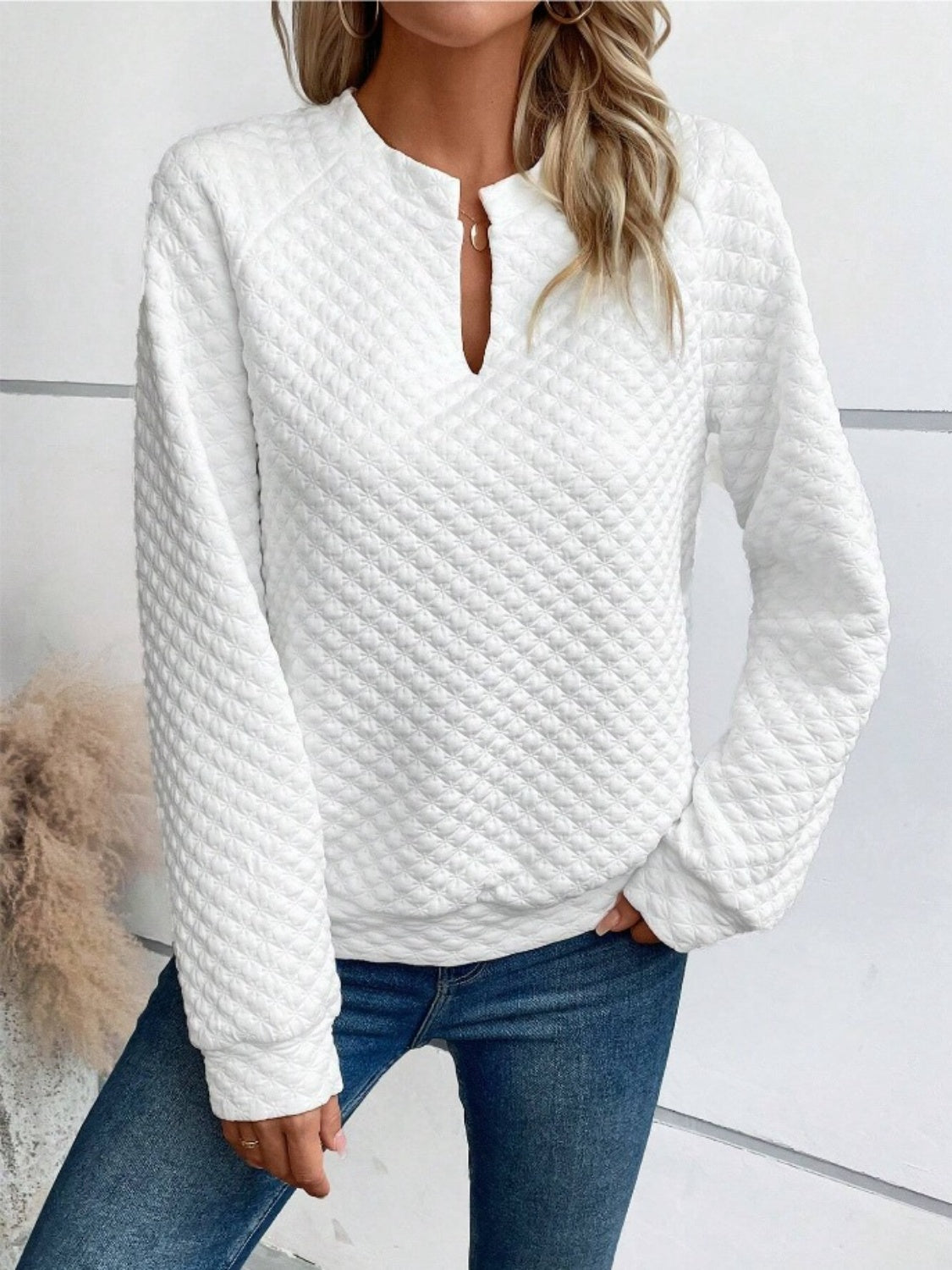 Notched Long Sleeve Sweatshirt - Little Miss Vanilla