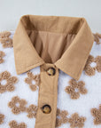 Light French Beige Cute Flower Pattern Button Up Fleece Jacket