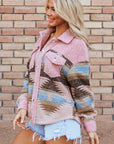 Pink Western Aztec Print Sherpa Splicing Buttoned Flap Pocket Coat - Little Miss Vanilla