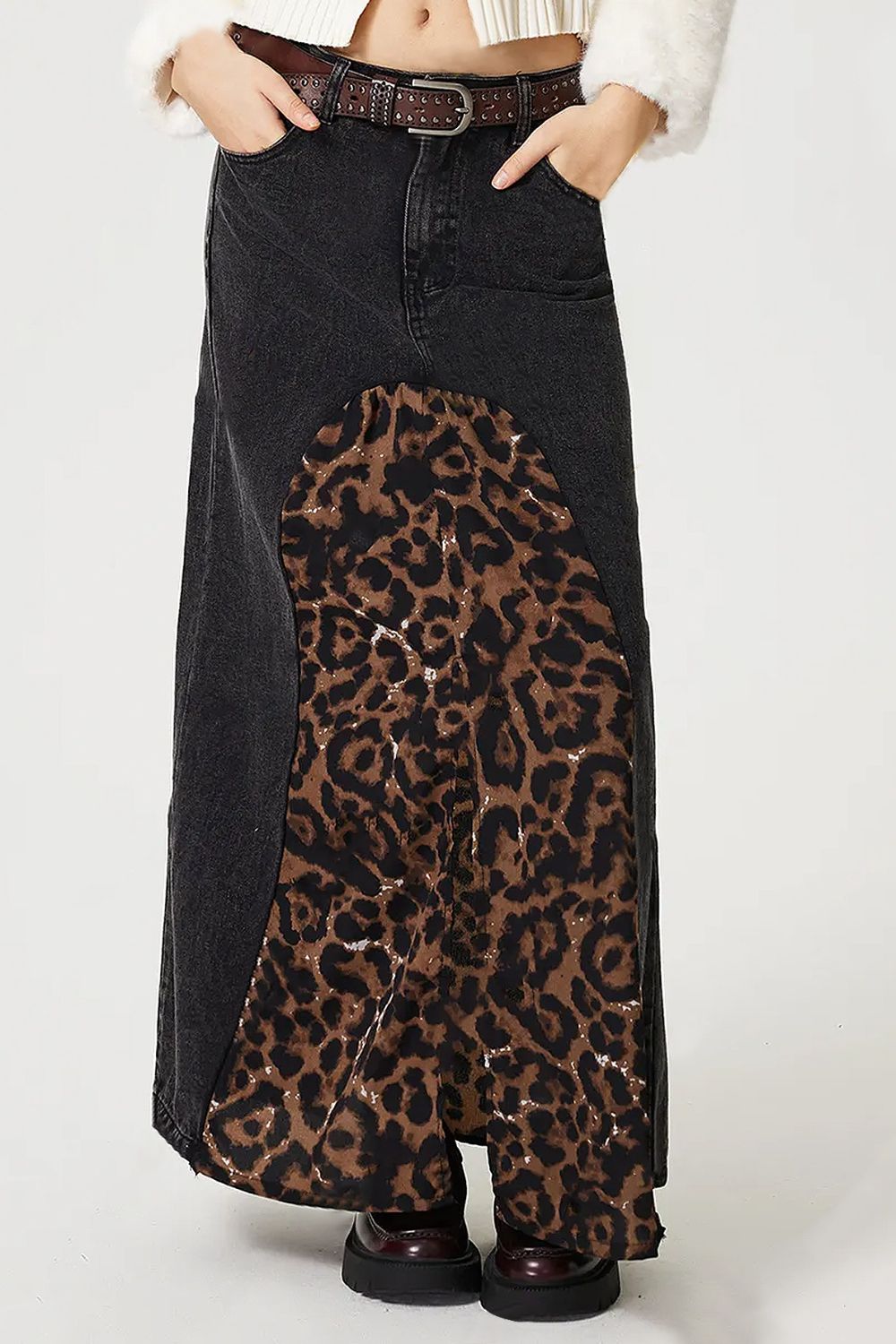 Slit Leopard Midi Denim Skirt - Little Miss Vanilla