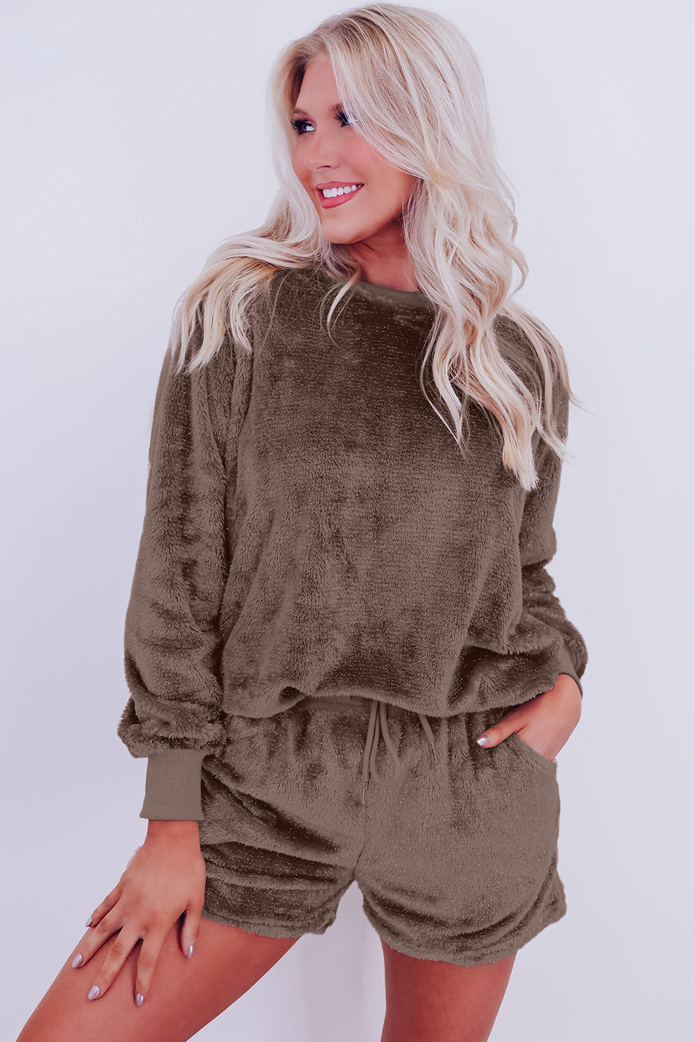 Coffee Solid Loose Fit Two Piece Fleece Lounge Set - Little Miss Vanilla