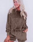 Coffee Solid Loose Fit Two Piece Fleece Lounge Set - Little Miss Vanilla