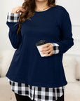 Plus Size Plaid Hem Round Neck Long Sleeve Sweatshirt - Little Miss Vanilla