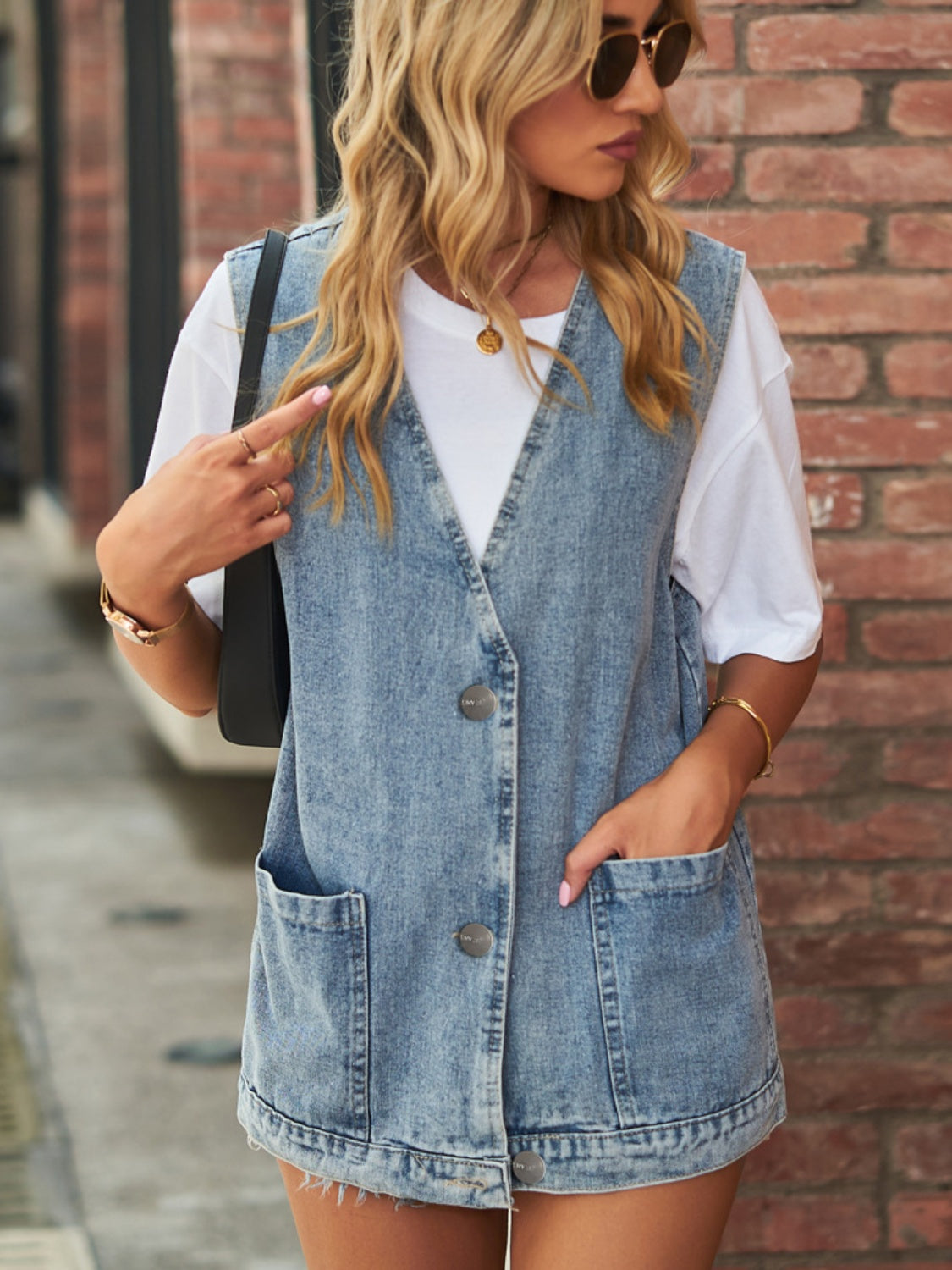 Full Size V-Neck Button Up Denim Vest - Little Miss Vanilla