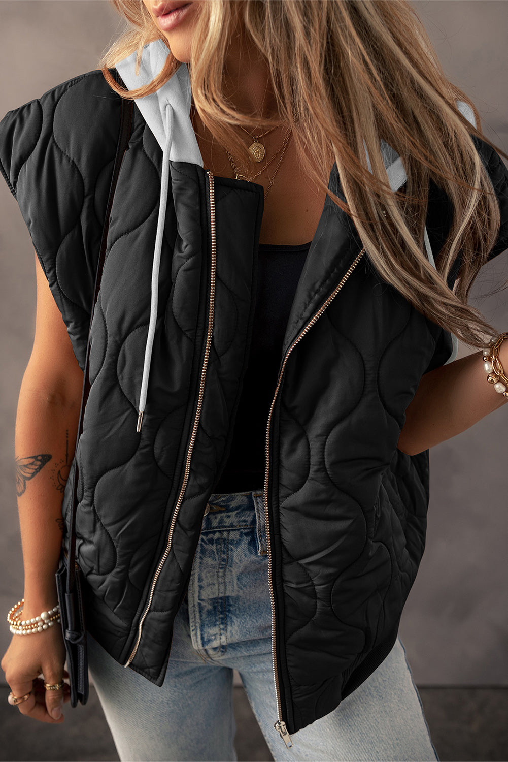 Black Quilted Drawstring Hooded Zip Up Puffer Vest - Little Miss Vanilla