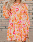 Orange Abstract Print Smocked Lantern Sleeve Ruffle Mini Dress - Little Miss Vanilla