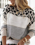 Colorblock Leopard Print Round Neck Casual Sweater Women's Clothing