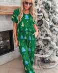 Green Christmas Tree Print V Neck Tee and Pants Lounge Set - Little Miss Vanilla