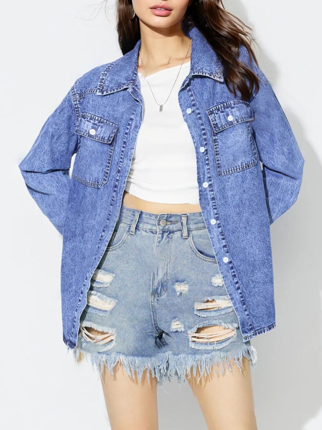 Curved Hem Collared Neck Denim Top - Little Miss Vanilla