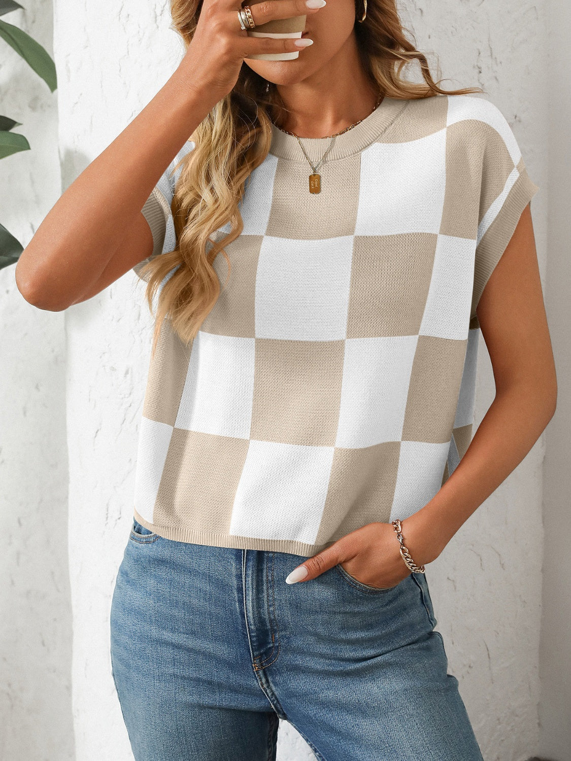 Mandy Checkered Round Neck Cap Sleeve Knit Top - Little Miss Vanilla