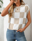 Mandy Checkered Round Neck Cap Sleeve Knit Top - Little Miss Vanilla