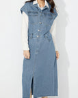 Slit Half Button Collared Neck Cap Sleeve Denim Dress - Little Miss Vanilla