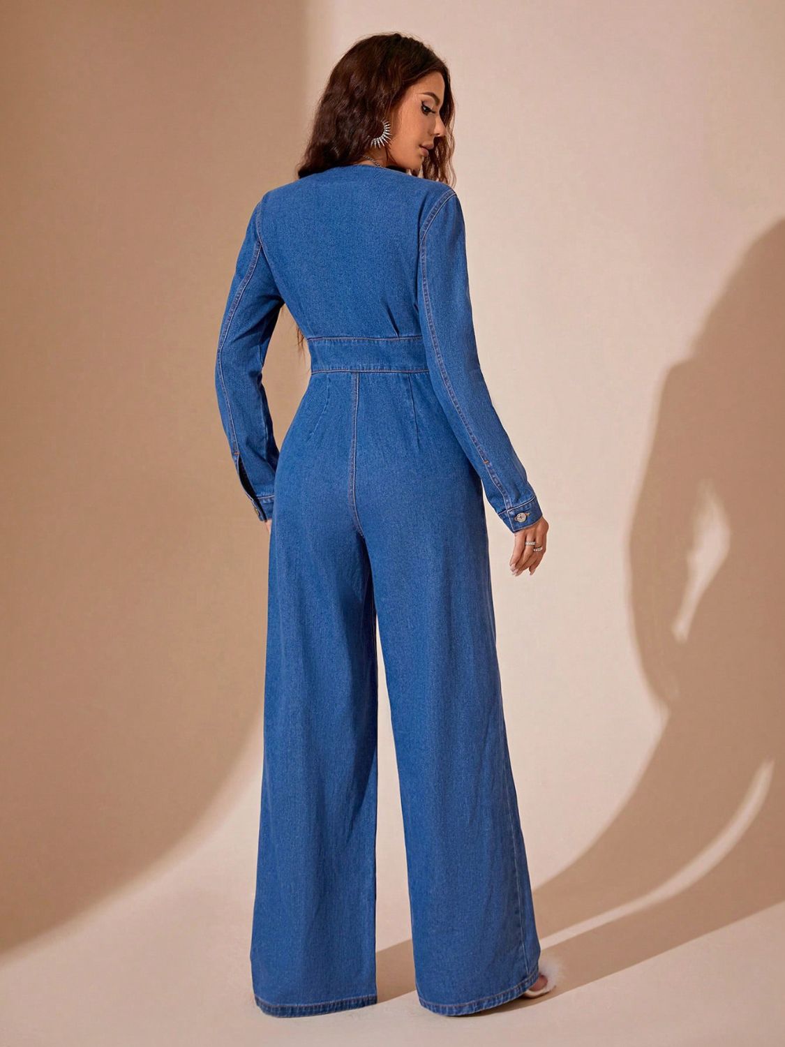 Plunge Long Sleeve Wide Leg Denim Jumpsuit - Little Miss Vanilla