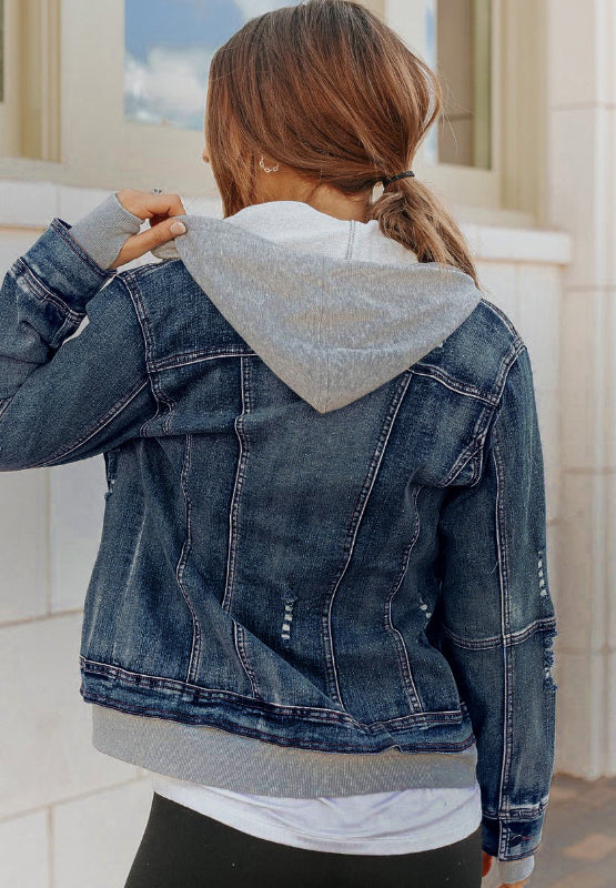 Fake Two-Piece Hooded Zip-Up Denim Jacket - Little Miss Vanilla