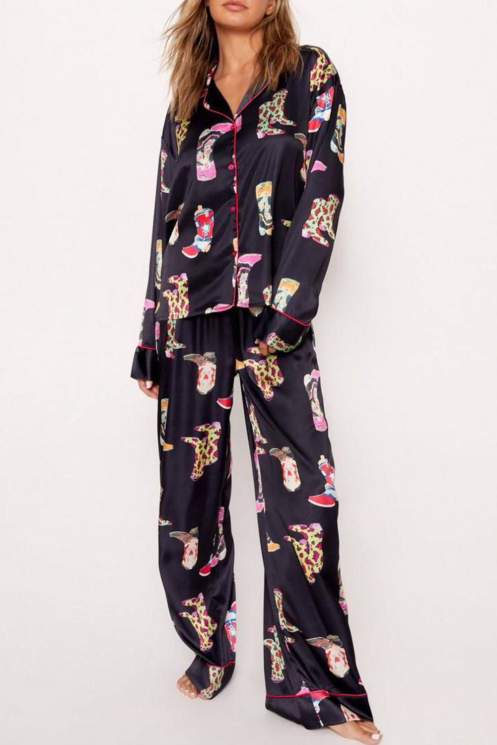 Black Western Cowgirl Boots Printed Satin Long Pajama Set - Little Miss Vanilla