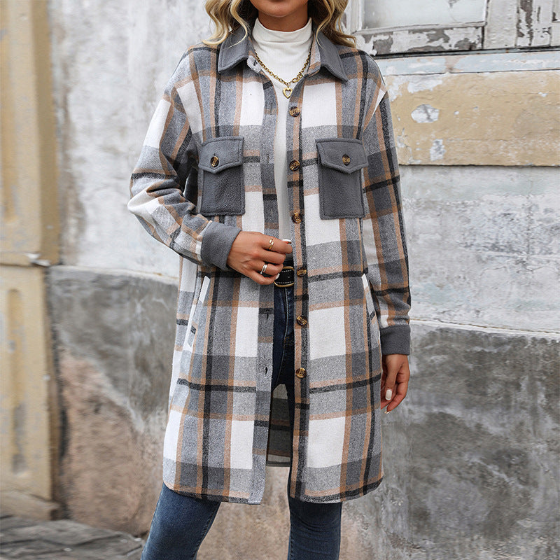 New Brushed Plaid Long Coat With Pockets Fashion Winter Jacket Outwear Women's Clothing - Little Miss Vanilla