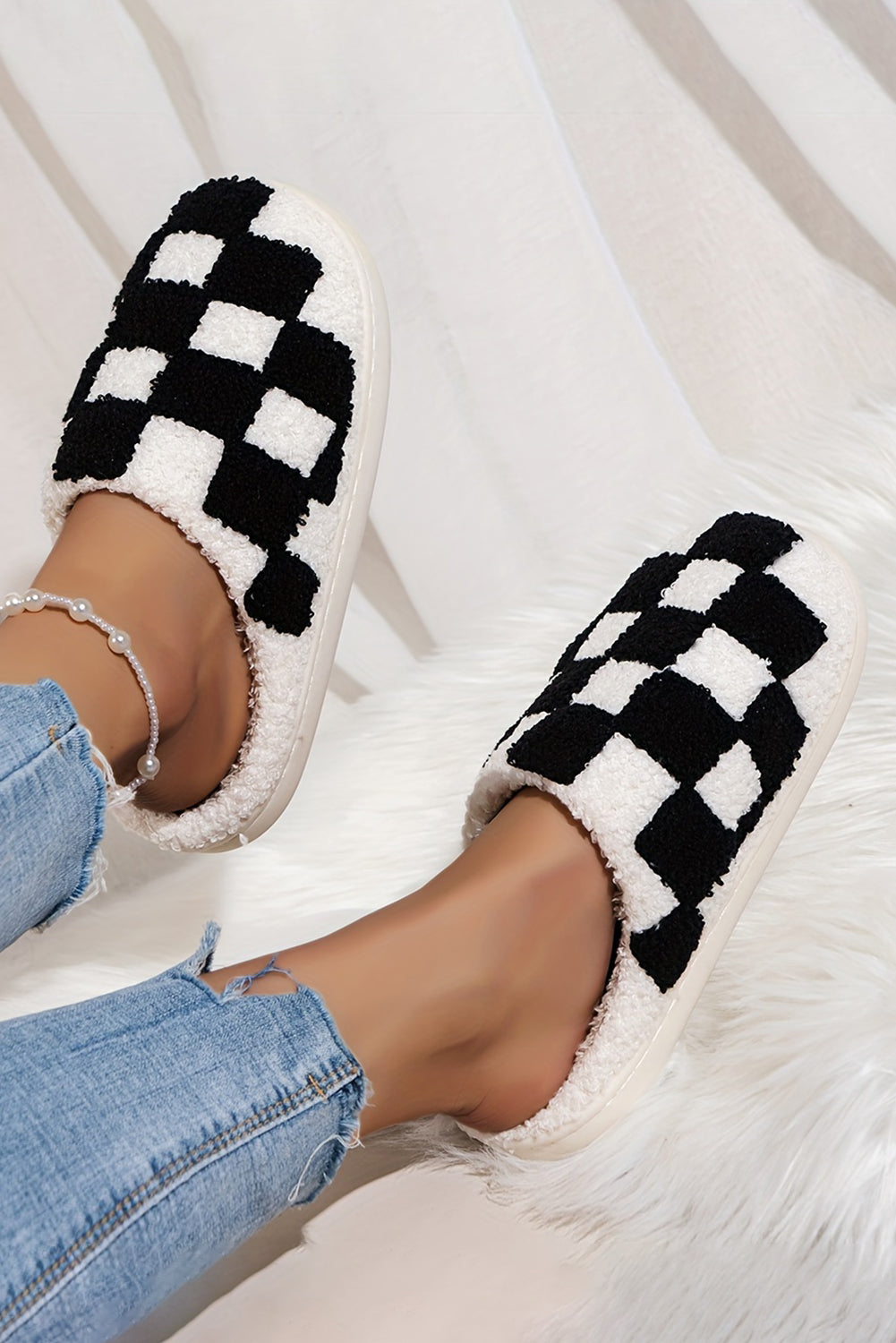 Black Checkered Print Fuzzy Slip On Winter Slippers - Little Miss Vanilla