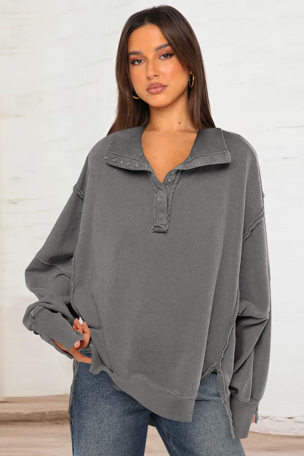 Exposed Seam Side Slit Long Sleeve Sweatshirt - Little Miss Vanilla