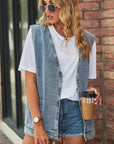 Full Size V-Neck Button Up Denim Vest - Little Miss Vanilla