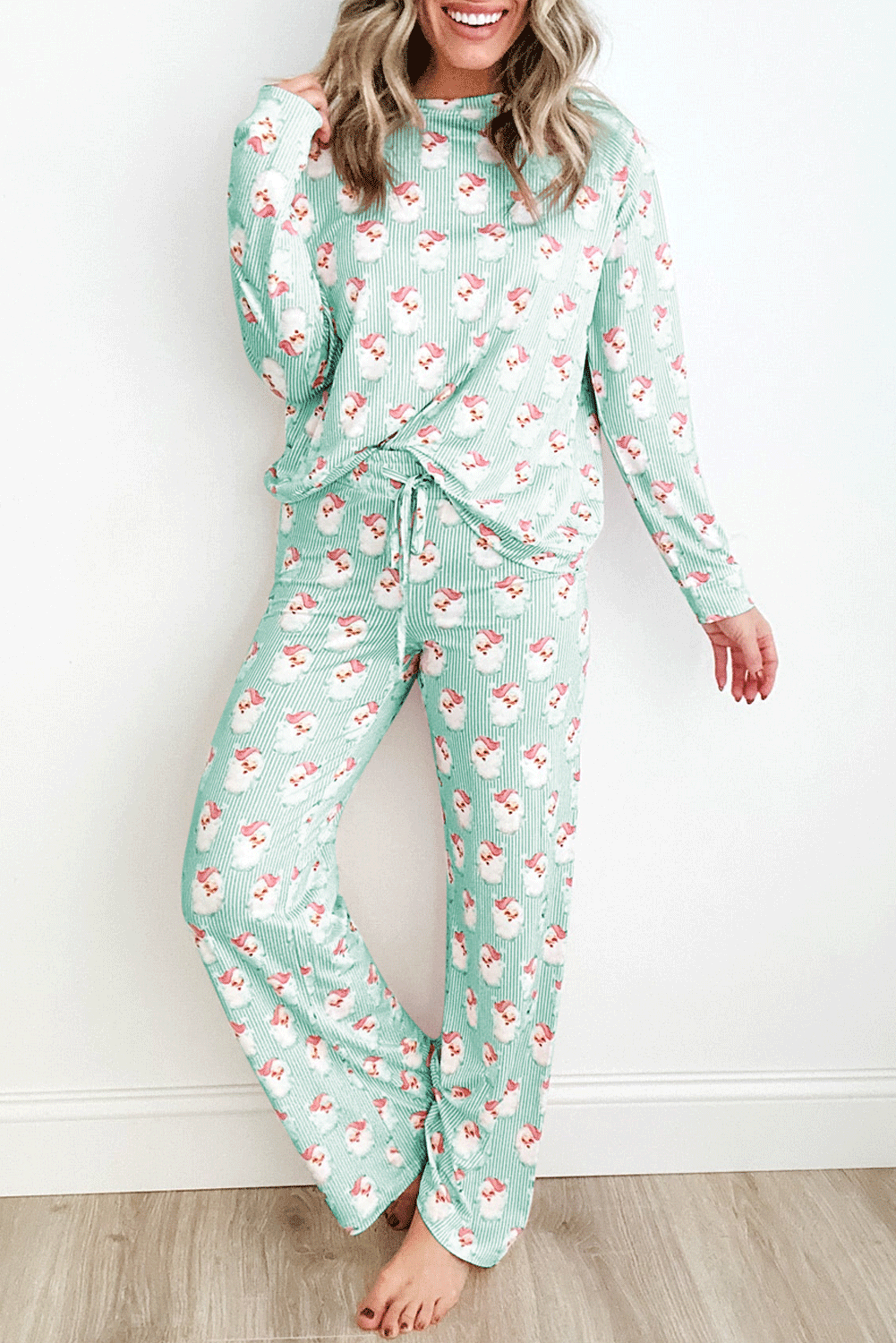 Green Santa Claus Striped Print Loose Fit Two Piece Lounge Set - Little Miss Vanilla