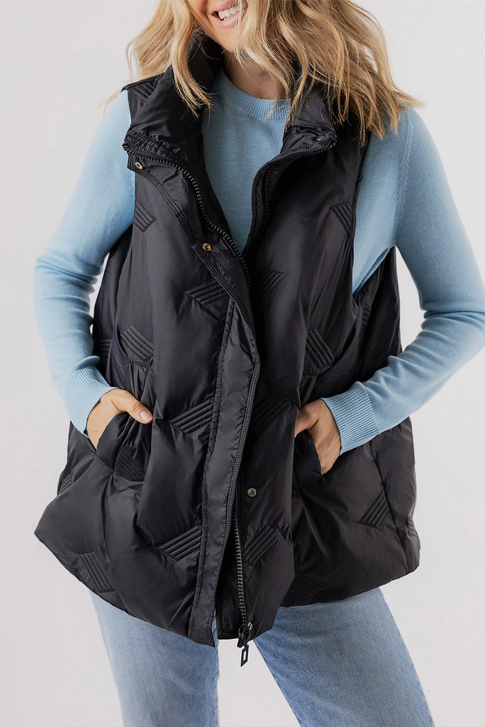 Black Quilted High Neck Zip Up Jacket Vest - Little Miss Vanilla