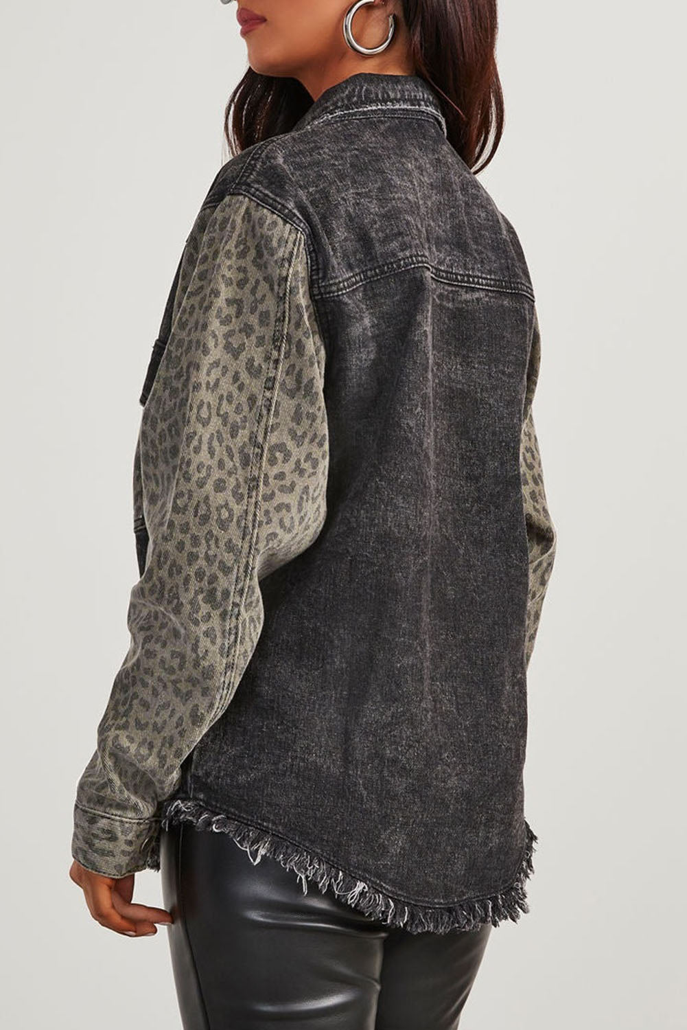 Raw Hem Leopard Snap Down Denim Jacket - Little Miss Vanilla