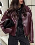 Solid Color Lapel Zipper Jacket Fashion Casual Long Sleeve Leather Coat Tops Women Clothing - Little Miss Vanilla