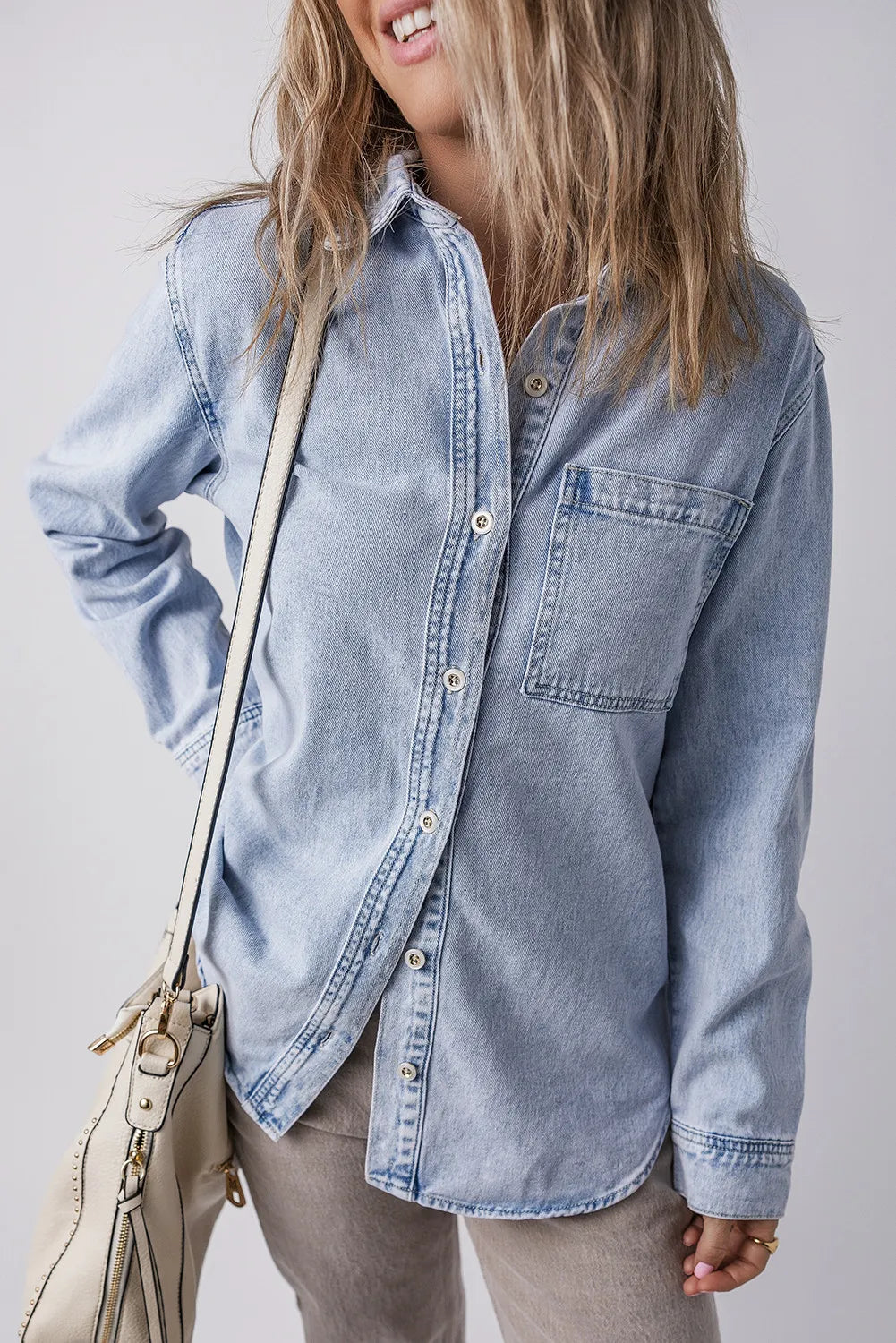 Pocketed Collared Neck Denim Top - Little Miss Vanilla