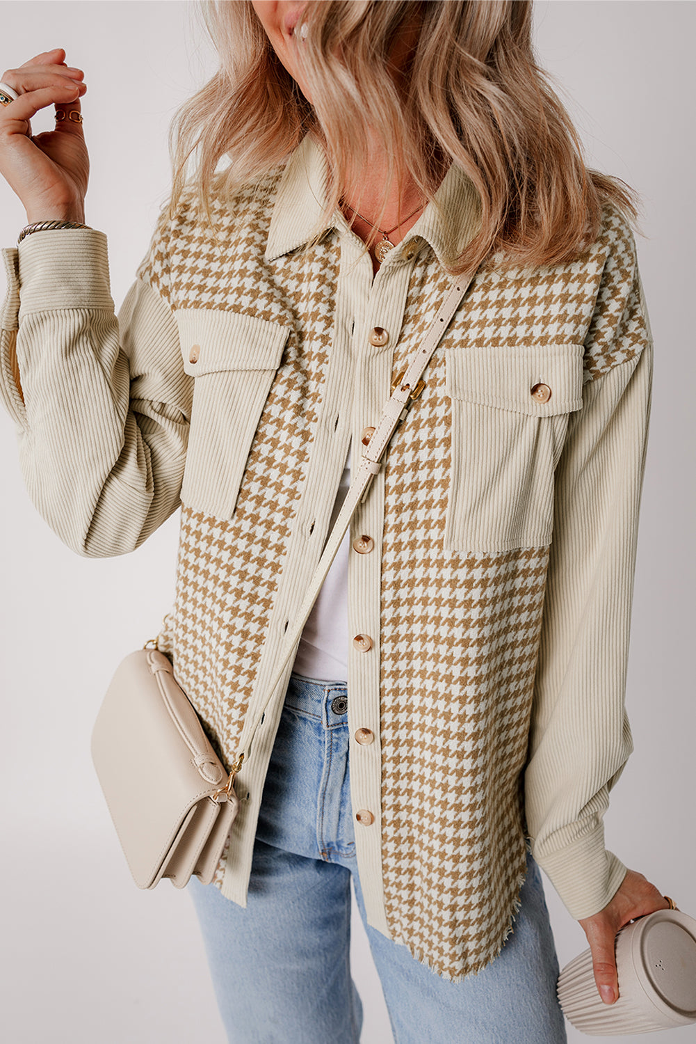 Parchment Houndstooth Corduroy Patchwork Flap Pocket Shacket - Little Miss Vanilla