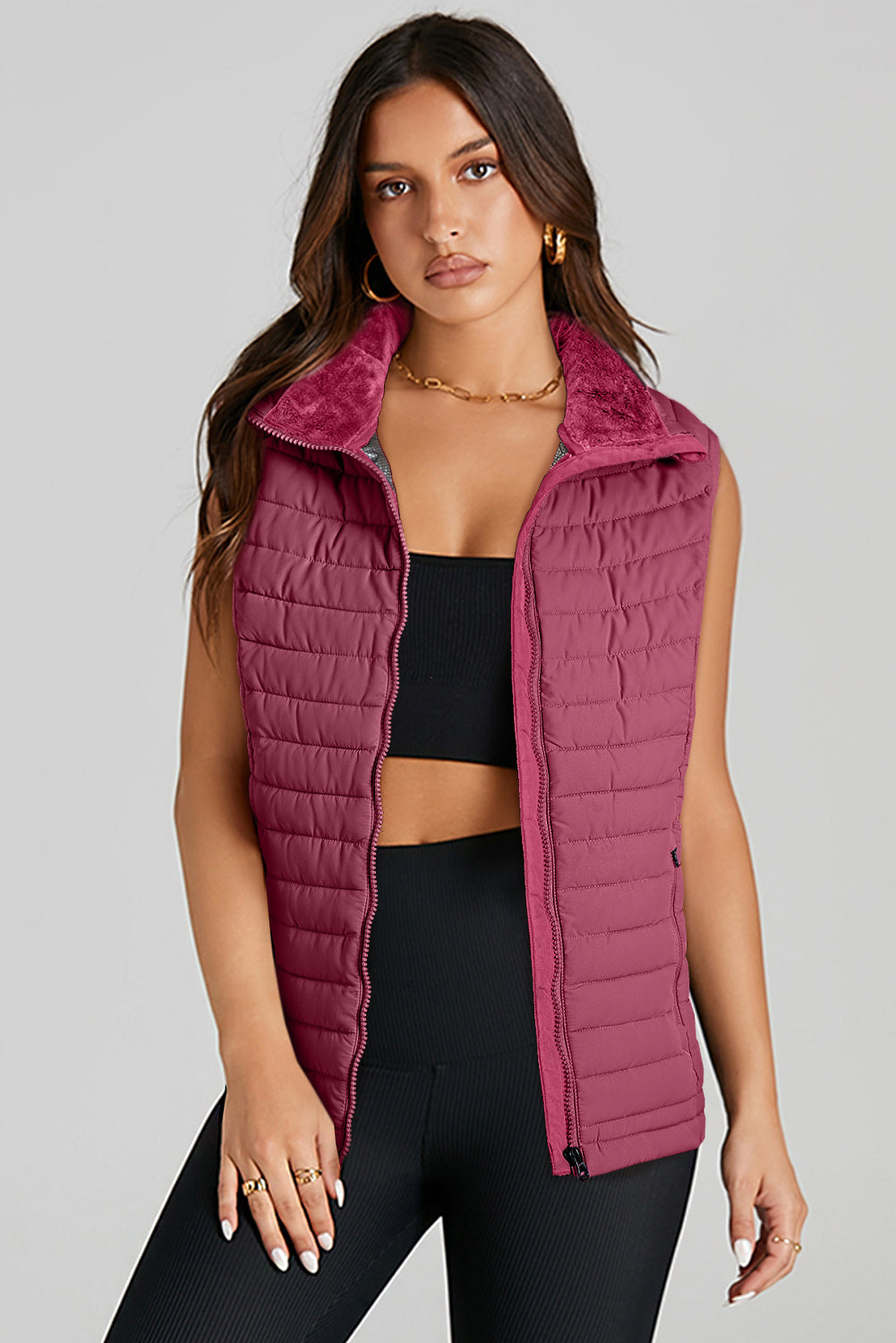 Burgundy Plush Collared Quilted Zipped Puffer Vest - Little Miss Vanilla