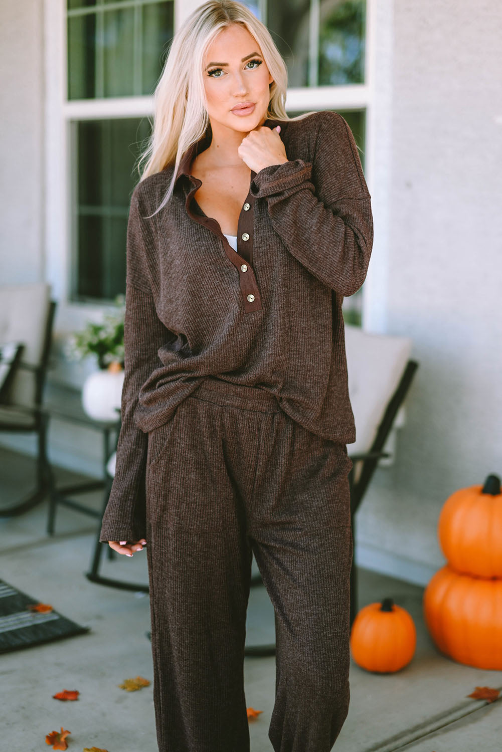 Brown Ribbed Knit Collared Henley Top and Pants Lounge Outfit - Little Miss Vanilla