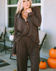 Brown Ribbed Knit Collared Henley Top and Pants Lounge Outfit - Little Miss Vanilla